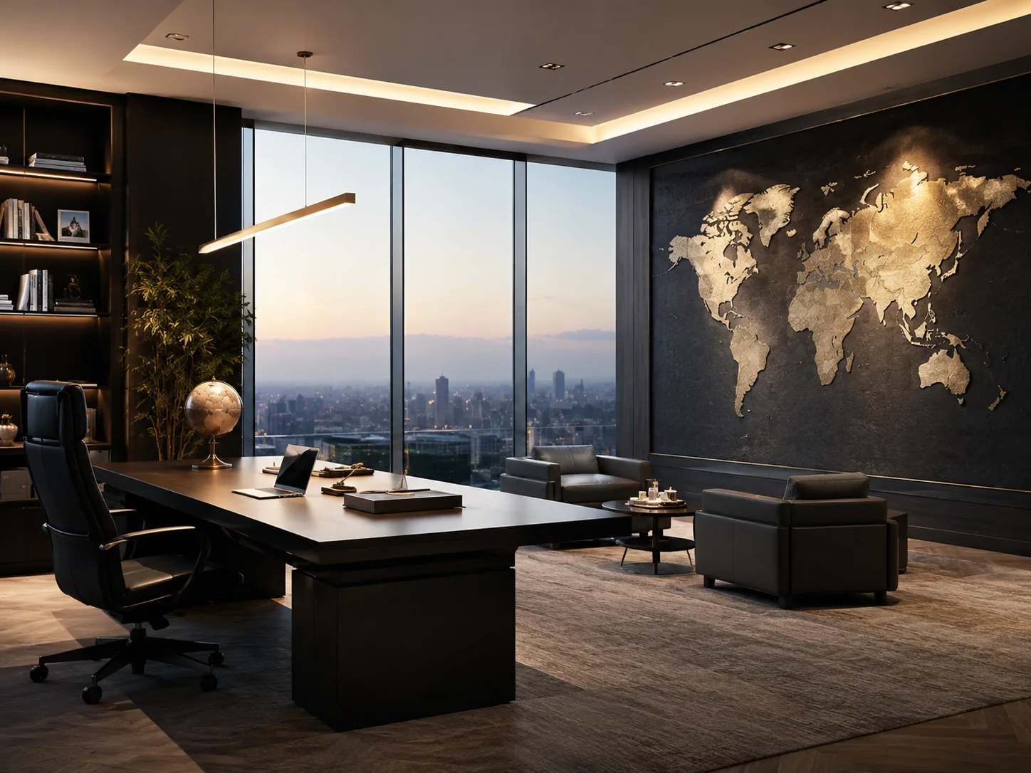 Executive office with world map